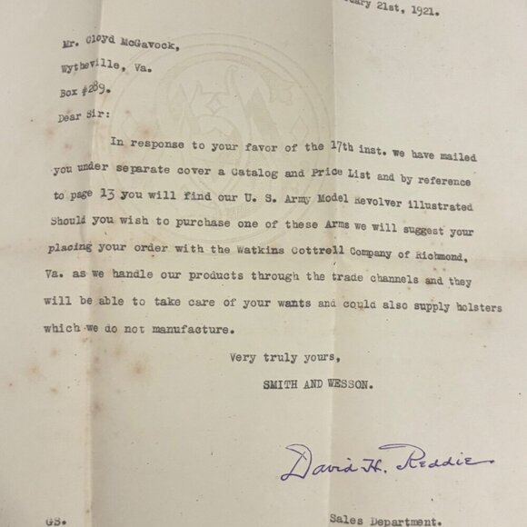 Antique Smith & Wesson Letter Signed Correspondence Ephemera 1921 David H Reddie - Picture 7 of 11